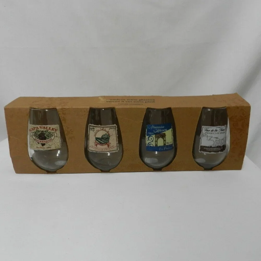 Pier 1 Stemless Wine Glass Napa Spain Italy & France Labels Set of glasses 4 NIB